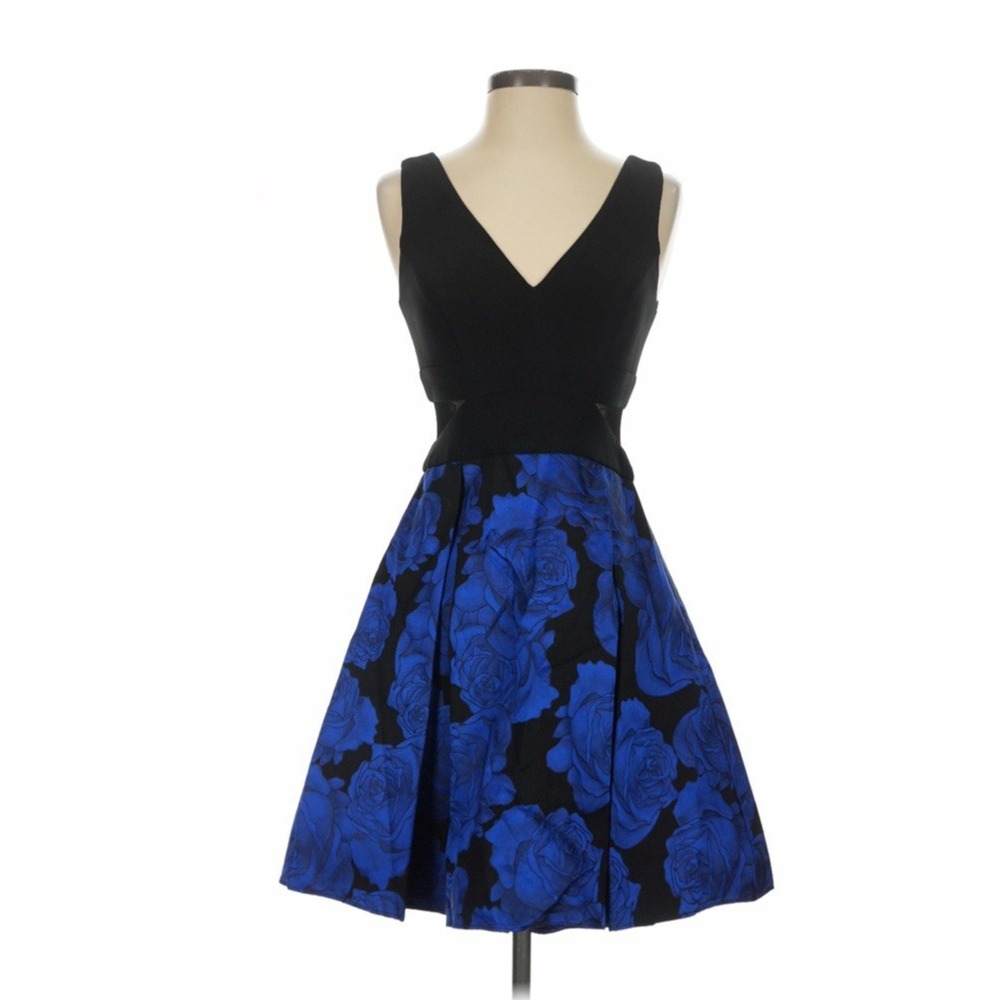 Xscape Metallic Brocade Fit & Flare Cocktail Dress 14 Illusion Black Blue Roses